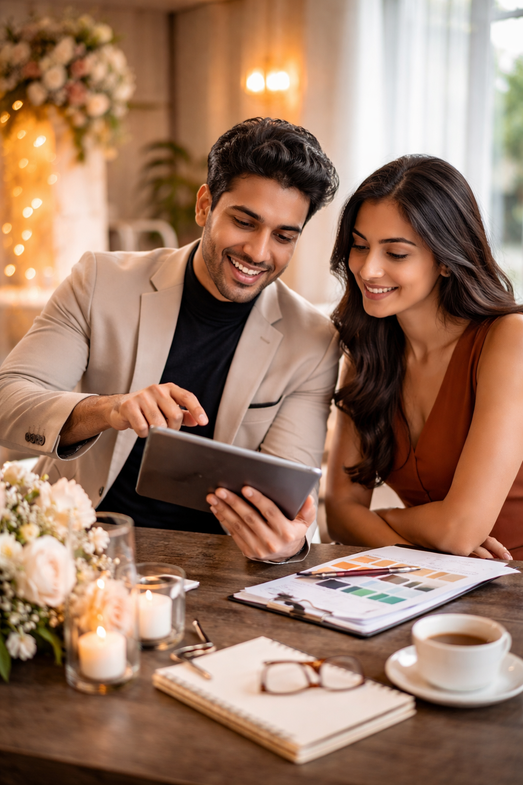 Professional event planner and client collaborating on a tablet